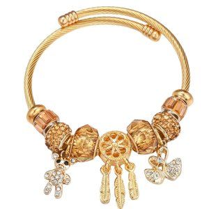 Stainless Steel Beaded Bangle Bracelet Gold